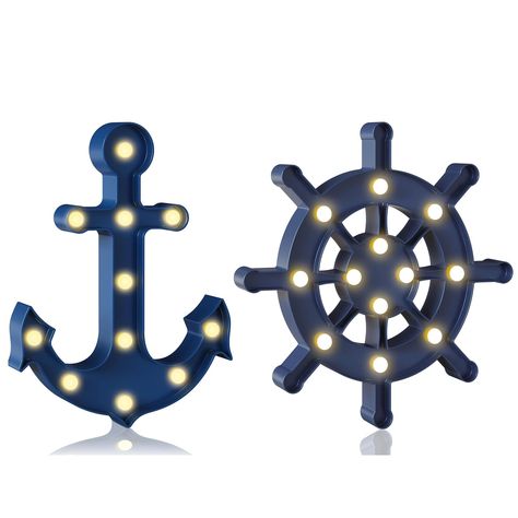 PRICES MAY VARY. ⚓【Cute Combination】: One blue Anchor night light and one blue Ship Wheel night light for more fun. Made of ABS plastic, easy to carry. ⚓【Cute Combination】: One blue Anchor night light and one blue Ship Wheel night light for more fun. Made of ABS plastic, easy to carry. ⚓【Hanging Hole Design】: The back has a hanging hole design for easy decoration. You can use it as a room decoration and party decoration to make your room or party more eye-catching and interesting. The LED ship w Toddler Night Light, Themed Decorations, Ocean Party, Light For Bedroom, Ship Wheel, Blue Anchor, Theme Party Decorations, Nautical Decor, Simple Decor