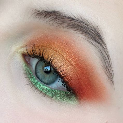 Green Purple Orange Eye Makeup, Green Orange Makeup Look, Green Orange Eye Makeup, Green And Orange Eye Makeup, Orange Green Eyeshadow, Green And Orange Makeup Looks, Orange And Green Eyeshadow, Lime Green Eye Makeup, Orange Green Makeup