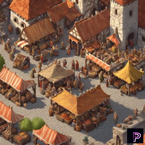 Step back in time to a bustling medieval marketplace, where vendors and townspeople bring a vibrant scene to life. 🏰🛡️   What historical wonders will your art capture today?   #AI #Art #PicassoAIArt #IsometricArt #MedievalMarket #History Midevil Market, Medieval Market Place, Fantasy Marketplace, Anime Composition, Medieval Marketplace, Medieval Shop, Hollow Aesthetic, Tiny Glade, Marketplace Minecraft