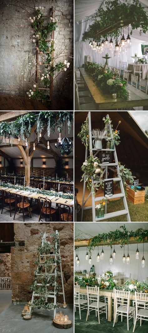 Ladder Wedding Decor & Display At Wedding Table Plan, Drinks Station Ladder Welcome Sign Wedding, Ladder Wedding Decor, Wedding Ladder, Bridgerton Decor, Flowers September, Ladder Wedding, Drinks Station, Wedding Cake Greenery, Bridgerton Wedding