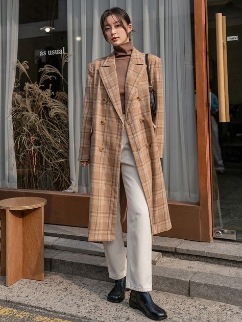 Dazy-Less Plaid Pattern Lapel Neck Double Breasted Overcoat Long Plaid Coat, Modest Winter Outfits, Plaid Overcoat, Double Breasted Overcoat, Women Outerwear, Europe Fashion, Plaid Coat, Vintage Plaid, Fantasy Fashion