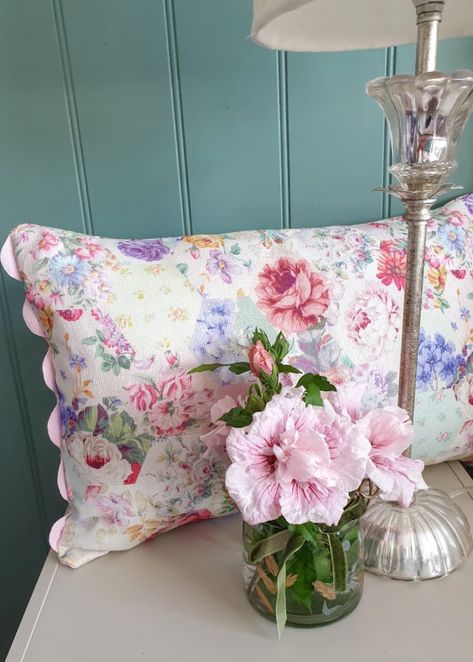 Cottage Cushions, Cream Trim, Rectangle Cushion, English Cottage Garden, Floral Cushions, Antique Fabrics, Check Fabric, Pink Trim, Garden Print