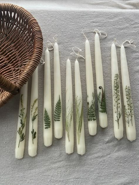 Wildflower Wedding Candles, Unique Candle Tapers, Things To Do With Dried Flowers From Nature Items, Eucalyptus Bottle Candle, Hand Painted Candles Mistletoe, Decoupage Candles Taper, Boho Candles, Flower Candles, Boho Candle