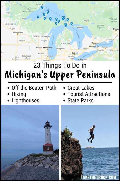 We can help you plan your Upper Peninsula road trip or vacation with this list of 23 things to do in the Upper Peninsula of Michigan. Whether you’re into hiking, state parks, lighthouses, forests, the great lakes, tourist attractions, or off-roading, this list has something for everyone! #takethetruck #michigan #puremichigan #upperpeninsula #familyroadtrip #roadtrip Upper Peninsula Michigan, Michigan Adventures, Michigan Road Trip, Michigan Summer, Michigan Vacations, Hors Route, Lake Trip, Road Adventure, Michigan Travel