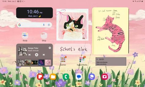 Widget user organizing homescreen samsung tab s6 lite Samsung S6 Lite Wallpaper, Samsung Tablet Homescreen Ideas, Samsung Tablet Aesthetic Layout, Samsung Tab Homescreen, Tablet Widget Ideas, Samsung Tab Wallpaper, Tablet Homescreen Ideas, Samsung Tablet Wallpaper, Tablet Homescreen