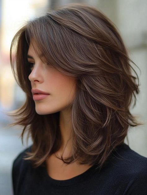 Shoulder-Length Haircuts: Trendy Styles and Inspiration for All Hair Types Shoulder Length Hair Styles For Thick Hair, Shorter Length Hair With Layers, Short Haircuts With Lots Of Layers, Good Haircuts For Thick Hair, Short Hair Cuts For Women Modern, Shoulder Length For Women Haircuts, Haïr Cut For Shoulder Length Hair, Short Haircuts For Women Brown Hair, Choppy Shoulder Length Hair Straight