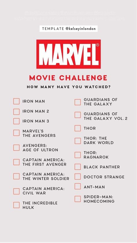 Marvel Movie Challenge Checklist by @kelseyinlondon How many have you watched? Movie Challenge, Disney Movies List, Movies To Watch List, Robert Downey Jr., Disney Movies To Watch, Netflix Movies To Watch, Film Netflix, Movie To Watch List, Movie To Watch