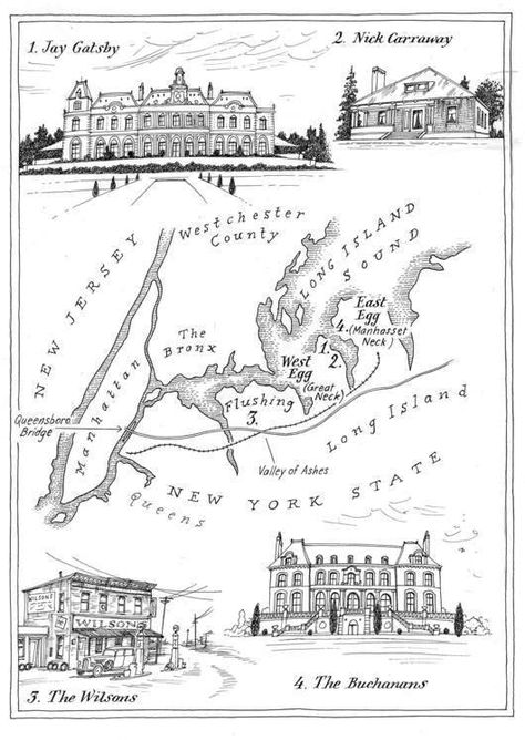 Map of New York in The Great Gatsby by F. Scott Fitzgerald.   We've got eight more awesome literary maps.  http://triviahappy.com/articles/nine-fantastic-maps-of-literary-fiction-that-look-like-fantasy-book-maps West Egg Gatsby, Notes Website, Tom Buchanan, Nick Carraway, Book Maps, Art Deco Statue, Literature Lessons, Ap Literature, Revision Guides