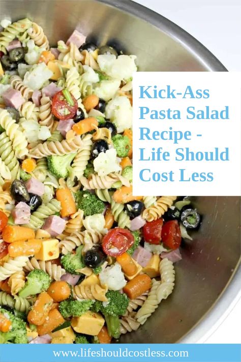 This easy and delicious basic kick ass pasta salad recipe will feed a small crowd. Made with broccoli, cauliflower, carrots, wacky mac veggie pasta, cheese, ham, & Italian dressing. It’s basically a full meal in one dish. This is one of those crowd-pleasing bad ass salads to keep in your recipe box to use over and over. Basic Pasta Salad, Broccoli Cauliflower Carrots, Corkscrew Pasta, Rotini Pasta Salad, Pasta Cheese, Rotini Pasta, Veggie Pasta, Pasta Salad Recipe, Broccoli Cauliflower