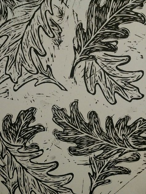 Linocut Tree Prints, Linocut Leaves, Lino Print Leaves, Acorn Linocut, Autumn Linocut, Oak Leaves Linocut, Leaf Linocut, Linocut Ideas, Urban Tree