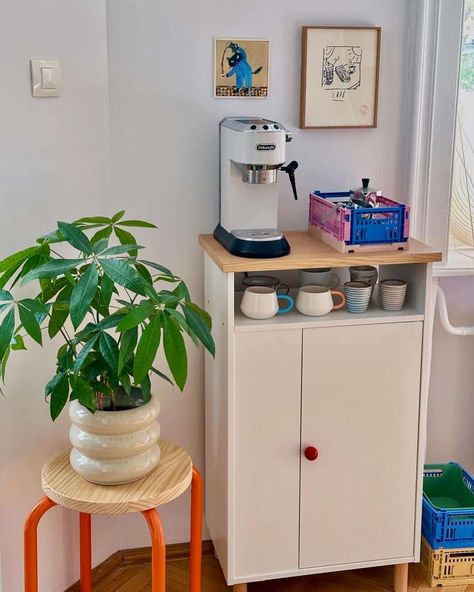 Flip, Sip, Repeat: The Upside Down IKEA Hack That Created the Perfect Coffee Nook 5 Kallax In Kitchen, Ikea Baggebo Cabinet Hack, Baggebo Hack Ikea, Baggebo Ikea, Work Coffee Station, Ikea Coffee Station, Ikea Hacks Living Room, Small Home Storage Ideas, Ikea Baggebo