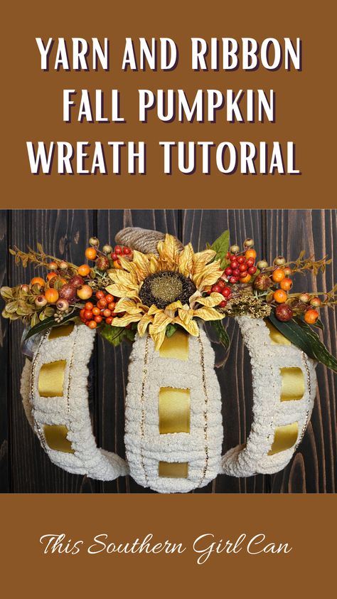 Wire Pumpkin Wreath Diy, Fall Yarn Wreaths, Pumpkin Wreath Tutorial, Ribbon Pumpkin, Pumpkin Wreath Diy, Ribbon Wreath Diy, Wreath Making Tutorials, Christmas Pumpkins, Wreath Storage