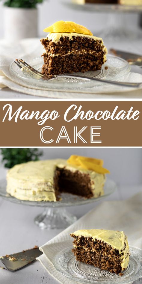 This tasty mango chocolate cake is a simple and easy cake recipe that tastes absolutely delicious. A double layer chocolate cake base, lightly covered with a mango buttercream. Then topped with fresh mango slices. Light enough for a breakfast cake or a not-too-heavy dessert. #mangochocolatecake #mango Mango And Chocolate Cake, Mango Chocolate Cake, Double Layer Chocolate Cake, Mango Buttercream, Layer Chocolate Cake, Mango Slices, Easy Cake Recipe, Mango Chocolate, Lemon Dessert