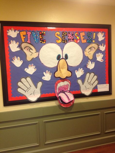 Fives senses 3D bulletin board Senses Bulletin Board Ideas, 5 Senses Bulletin Board Ideas, 5 Senses Bulletin Board, Science Bulletin Boards Preschool, 5 Senses Preschool, Five Senses Preschool, 5 Senses Activities, Science Bulletin Boards, Kindergarten Bulletin Boards