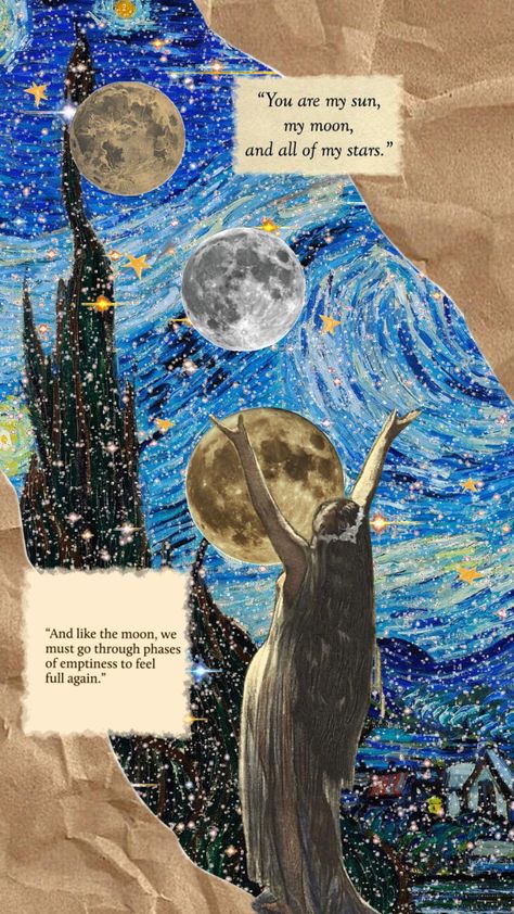 Starry Night Quotes, Starry Night Mood Board, Starry Night Collage, Starry Night Scrapbook, Starry Night Collage Art, Blue Moon Mood Board, Moon Collage Art, Midnights Taylor Swift Aesthetic Collage, Person Silhouette