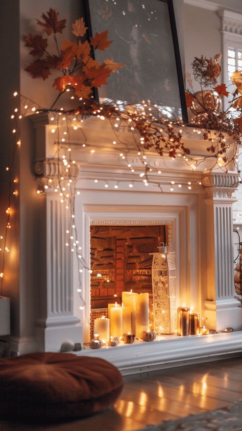 Mantle Fairy Lights, Fireplace Lights Inside, Fireplace Mantle Lighting Ideas, Wall Between Windows Decor, Fairy Lights In Fireplace, Lights Inside Fireplace, Candle In Fireplace, Candles In Front Of Fireplace, Fire Mantle Decor Ideas