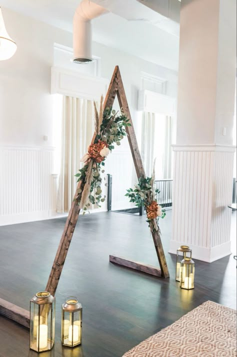 Boho Triangle Wedding Arch, Triangle Wedding Arch Decor, Arch Decoration Wedding Triangle, Wedding Ceremony Triangle Arch, Triangle Wedding Alter, Triangle Wood Wedding Arch, A Frame Wedding Arch Boho, Triangle Decoration Ideas, Simple Boho Wedding Arch