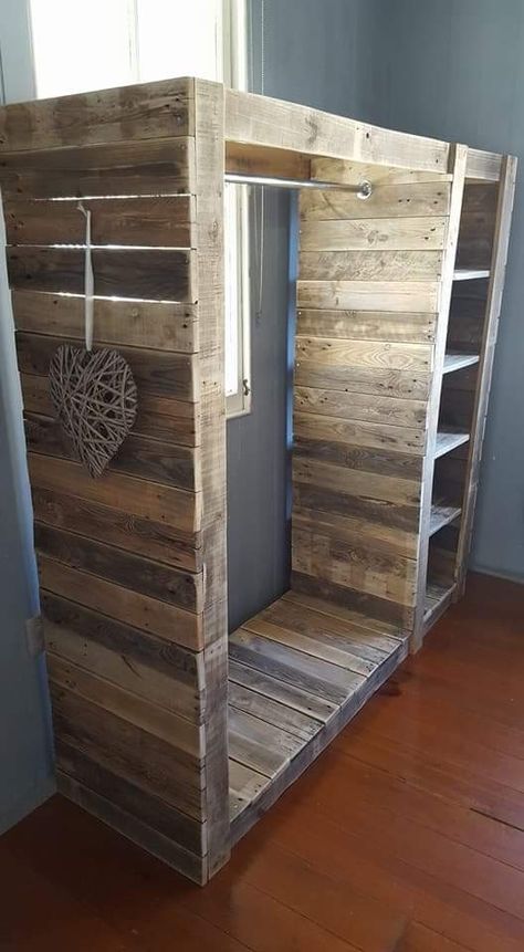 Recycled pallet wood wardrobe. Pallet Cupboard, Pallet Closet, Pallet Wardrobe, Laundry Cupboard, Wood Cupboard, Diy Storage Shelves, Wood Wardrobe, Recycled Pallet, Minimal Home