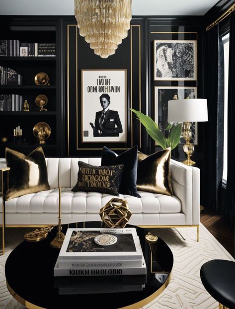 Black And Gold Sitting Room Ideas, Hollywood Style Interior Design, Modern Glam Style, Vintage Hollywood Living Room, Hollywood Chic Decor, Black White And Gold Interior Design, Great Gatsby Living Room, Old Hollywood Glamour Home, Black Interior Designers