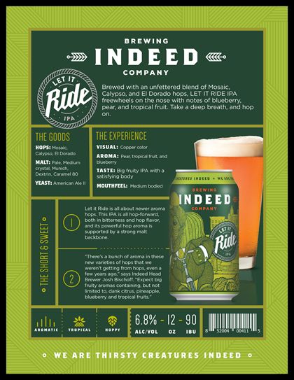 mybeerbuzz.com - Bringing Good Beers & Good People Together...: Indeed Brewing - Let It Ride IPA Cans Coming 2/6 Beer Catalogue Design, Sales Sheet, Sell Sheet Design Inspiration, Sell Sheet Design, Beer Magazine, Beer Menu, Brewery Design, Real Estate Marketing Design, Illustrator Design Tutorial