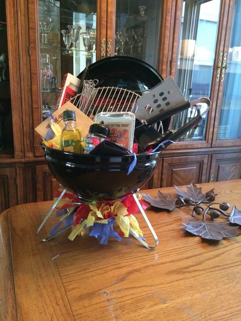 BBQ Gift Basket,  roughly $55 to make. Bbq Gift Basket Ideas, Grill Gift Basket, Dinner Gift Basket, Bbq Gift Basket, Bingo Ideas, Fundraiser Baskets, Baby Q Shower, Baskets Ideas, Raffle Basket