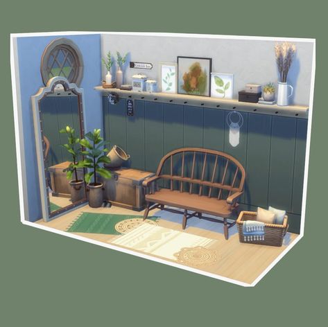 Anna on Instagram: “🌼Boho entryway🌼 I finally got some time to build again and this entryway is what i came up with! I really love the shade of green and I’m…” Boho House Interior, Living Room Sims 4, Boho Entryway, Sims Freeplay Houses, House Decorating Ideas Apartments, Sims 4 Bedroom, Sims 4 House Plans, Sims 4 House Building, Sims 4 House Design