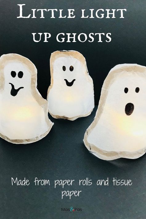 Halloween little light up ghosts. These glowing ghouls start off life as a humble toilet roll. Once covered in tissue the little ghosts send out a spooky glow when a tea light is placed behind them. Quick and easy to make, this is a lovely Halloween craft for kids. #Halloweenghostcraft #halloweencraftsforkids #halloweencrafts #halloweencraftforkids #ghostcraftforkids Paper Ghosts, Halloween Lights Decorations, Roll Craft, Ghost Crafts, Lights Decorations, Toddler Activity, Craft Lights, Halloween Activities For Kids, Ghost Decoration