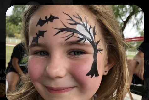 Fall Cheek Face Painting, Halloween Carnival Face Painting, Bat Face Paint Kids, Easy Face Painting Halloween, Quick Halloween Face Paint, Tree Face Painting, Fall Face Painting Ideas For Kids, Autumn Face Paint, Bat Makeup Halloween Kids