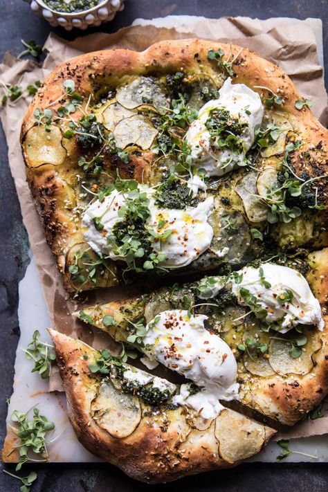 Pesto Potato and Burrata Pizza | halfbakedharvest.com #pizza #easy #recipes #spring Burrata Pizza, Pesto Potatoes, Pesto Pizza, Half Baked Harvest, Bulgogi, Idee Pasto Sano, A Pizza, Deep Dish, Cooking Dinner