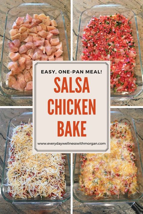 Dec 11, 2018 - This Salsa Chicken Bake is an easy and quick meal the entire family will love! It is naturally low calorie, low carb, and high in protein. Plus it all cooks in one pan in just 30 minutes! It is also meal prep friendly! Salsa Chicken Bake, Salsa Chicken, Resep Diet, Chicken Bake, Meals Recipes, Carb Meals, Think Food, Diet Keto, One Pan