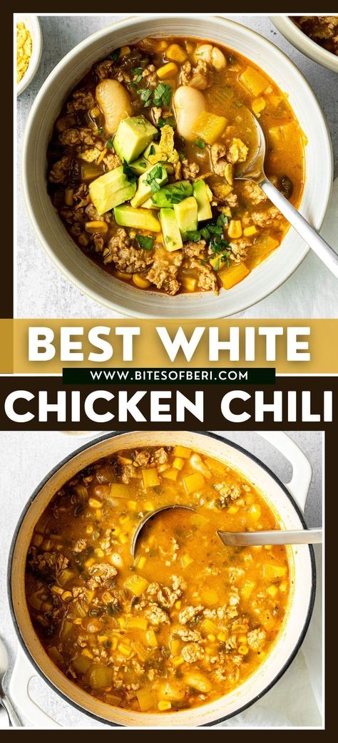 White Ground Chicken Chili, Ground Chicken Chili Recipe, Ground Chicken Chili, Chicken Beans, White Bean Chicken Chili, White Bean Chili, Easy Chicken Thigh Recipes, Ground Chicken Recipes, Chicken Chili Recipe