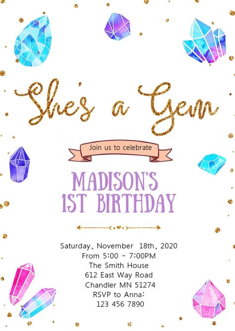 Diamonds Are Four Ever Birthday, Crystal Gem Birthday Party, Gem Themed Birthday Party, Diamond Invitation Design, She’s A Gem Birthday Party, Boho Birthday Party, Princess Birthday Invitations, Birthday Card Sayings, Event Template