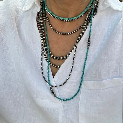 This Beautiful necklace is crafted using 4mm sterling silver Native American style Navajo pearl beads. The overall design results in a well balanced piece of southwestern charm that is worthy of any occasion from casual to formal. Layered Navajo Pearls, Navajo Pearl Necklace, Navajo Pearl Stacks, Navajo Pearls Necklace Outfit, Navajo Pearls Necklace, Navajo Turquoise Jewelry, Southwestern Necklace, Western Necklaces, Navajo Pearls