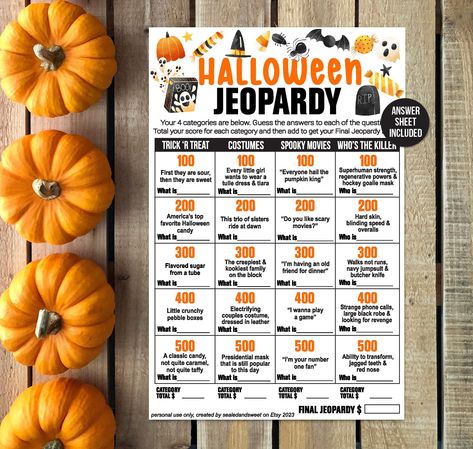 Halloween Jeopardy / Halloween Trivia / Halloween Game / Fun Halloween Game / Halloween Activity / Halloween Party Game Horror Movie Trivia - Etsy Halloween Jepordy Questions And Answers, Halloween Jeopardy Game, Halloween Jeapordy, Halloween Jeopardy Questions, Halloween Jepordy, Halloween Jeopardy, Spooky Halloween Party Games, Horror Movie Trivia, Activities Coordinator