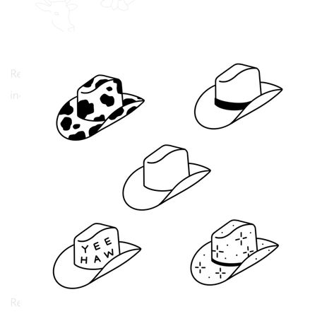 Beach Tattoo Linework, Sticker Tatoos Aesthetic, Cowprint Cowboy Hat Tattoo, Cowboy Hat Stick And Poke, Cowboy Aesthetic Tattoo, Cute Cowboy Tattoo, Line Cowboy Hat Tattoo, Cowboy Hat Tattoo For Women, Western Stick And Poke Tattoo