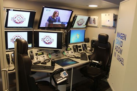 Mobile command center communications room. Photo: MDA Spokesman's Office Security Room, Mobile Command Center, Underground Shelter, Vehicle Tracking System, Internet Radio Station, Mobile Security, Mobile Office, Research Images, Camper Van Conversion Diy