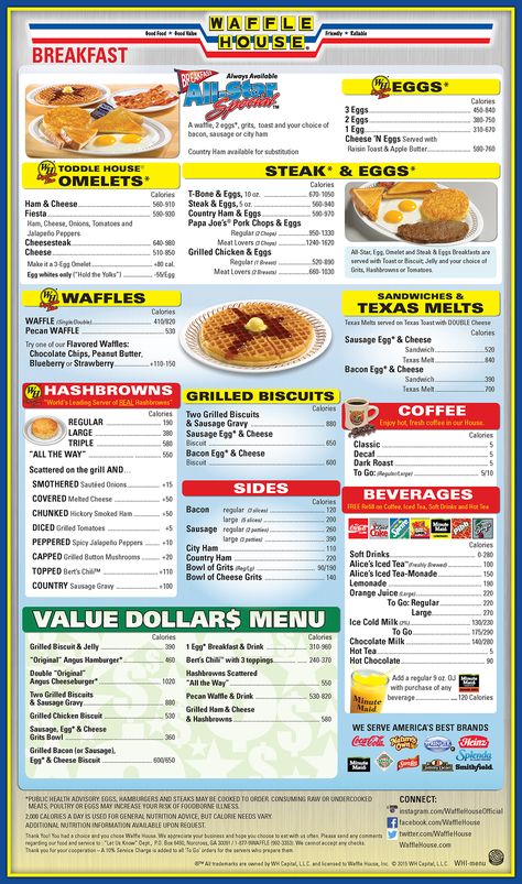 Waffle House is primarily a breakfast restaurant, but they offer other foods, like steak & melts! Waffle House Menu Prices, Waffle House Aesthetic, Waffle House Breakfast, Waffle House Menu, Dinner Waffles, Recipe Layout, Waffle Restaurant, Breakfast Diner, Breakfast Calories