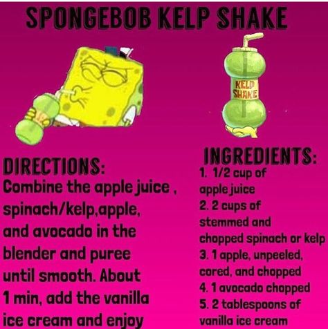 SpongeBob kelp shake Spongebob Kelp Shake, Cartoon Recipe, Disney Themed Food, Homemade Recipe Books, Disney Inspired Food, Disney Dishes, Homemade Cookbook, Geek Food, Spongebob Party