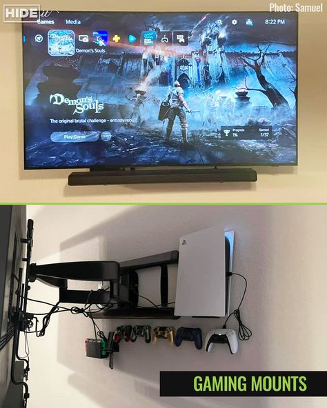 Ps4 Storage Ideas, Gaming Tv Stand Ideas, Wall Mounted Tv Playstation, Ps5 In Living Room, Wall Mounted Tv Ideas Video Games, Tv And Game Console Storage, Mounted Tv And Game System, Floating Shelves For Ps5, Hidden Playstation Behind Tv