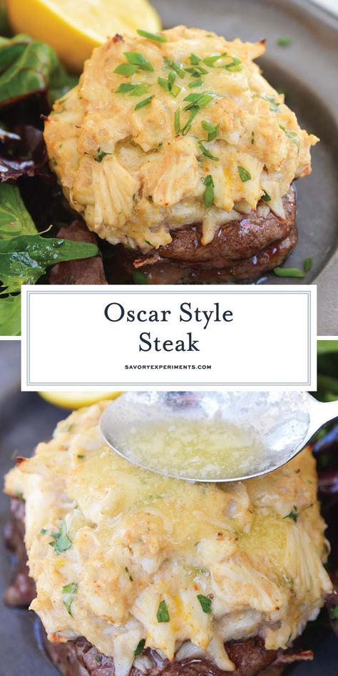 Steak With Seafood Topping, Filet Toppings, Crabmeat Topping For Steak, Meaty Meals Dinners, Steak Oscar With Lobster, Crab Stuffed Beef Tenderloin, Filet Mignon With Crab Meat, Crab Stuffed Tenderloin, Crab Topped Steak