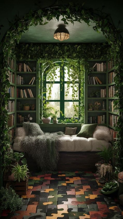 Reading Nook No Window, Magical Reading Nook, Forest Reading Nook, Fantasy Reading Nook, Cottagecore Reading Nook, Cozy Bookcase, Cute Reading Nook, Moody Reading Nook, Room Corner Decor Ideas