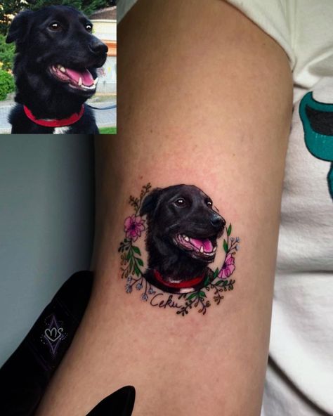 Merve Şengün on Instagram: “•Ceku 🌸 . . . #dog #pettattoo #dogtattoo #tattoo #bestfriends #doglover #bestfriends #doglover #tattoolovers” Pet Portrait Tattoos, Pet Tattoo Ideas, Cat Portrait Tattoos, Pet Memorial Tattoo, Pet Tattoos, Cover Up Tattoos For Women, Green Tattoos, Tattoos For Dog Lovers, Portrait Tattoos