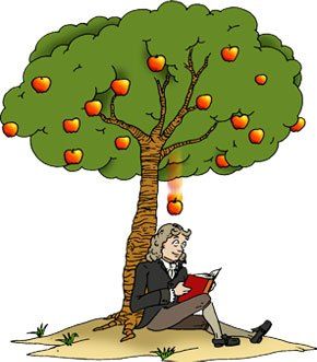 A young Isaac Newton was sitting under an apple tree when he got hit on the head by a falling piece of fruit, which prompted him to suddenly come up with his law of gravity, so the legend goes. Newton Sitting Under Tree, J J Thomson, Newton Gravity, Gravity Art, Atomic Theory, School Book Covers, Famous Scientist, Note Doodles, Shri Ram Photo