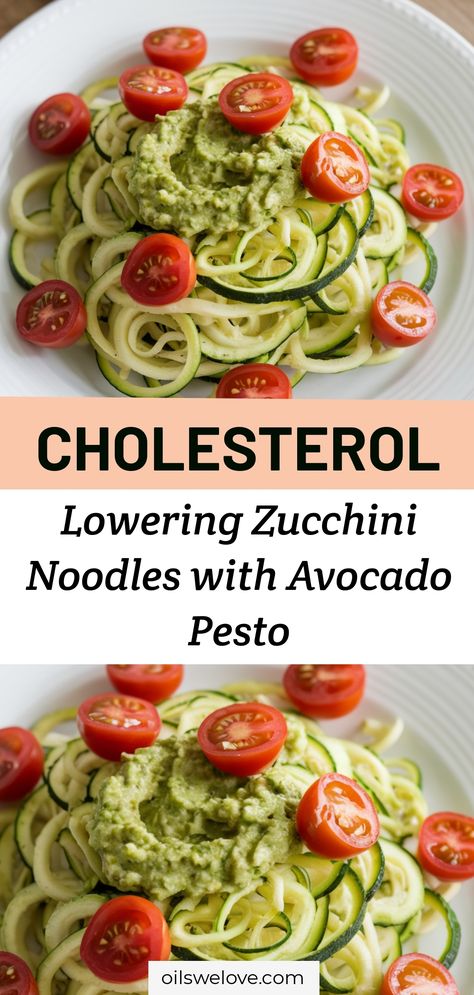 Indulge in a heart-healthy dish with our Cholesterol Lowering Zucchini Noodles tossed in creamy avocado pesto. This nutritious lunch is bursting with flavor, antioxidants, and healthy fats, making it an ideal choice for anyone looking to maintain or improve cholesterol levels while enjoying a delicious meal. Cholesterol Lowering Desserts, Zero Cholesterol Recipes, Low Cholesterol Recipe, Low Cholesterol Diet Plan Food Lists, Recipes To Help Lower Cholesterol, Low Cholesterol Breakfast Recipes, Recipes For Lowering Cholesterol, Cholesterol Lowering Foods Recipes, Lower Cholesterol Recipes