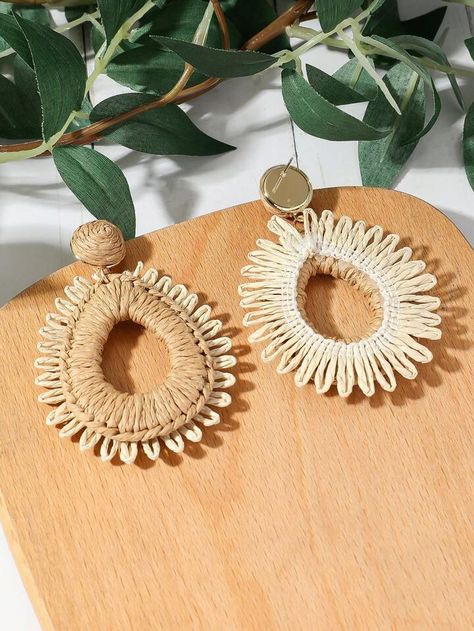 1pair Ladies' Handmade Woven Rattan Drop Earrings, Boheima Style, With Floral Detail, Vintage Design, Geometric Shape, Daily Accessories | SHEIN USA Straw Earrings, Daily Accessories, Fabric Necklace, Art Earrings, Woven Rattan, Design Geometric, Jewellery Making, Body Jewelry, Vintage Design