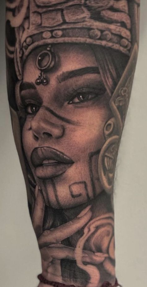 Forearm Tattoo Of Woman Face, Mexican Goddess Tattoo, Aztec Princess Tattoo Goddesses, Aztec Girl Tattoo, Aztec Woman Tattoo, Mayan Tattoos For Women, Cultura Tattoo, Chicano Tattoos For Women, Charra Tattoos