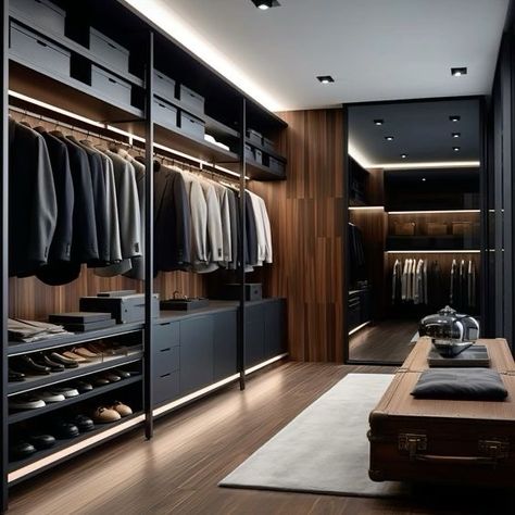 Mens Walk In Closet Design, Walking Closet Modernos, Closet And Bathroom Combo, Luxury Walk In Closet, Walkin Closets Design, Luxurious Walk In Closet, Modern Closet Designs, Walking Closet, Dream Closet Design