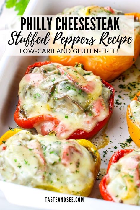 This Philly Cheesesteak Stuffed Peppers Recipe is easy to make, full of flavor, and a great way to enjoy the classic taste of a Philly cheesesteak without the extra carbs. They're packed with lean ground beef, mushrooms, onions, and peppers - topped off with yummy melted provolone cheese. Cheesesteak Stuffed Peppers Ground Beef, Stuffed Bell Peppers With Ricotta, Stuffed Peppers Cheesesteak, Low Carb Stuffed Peppers Beef, High Protein Philly Cheesesteak Bowl, Steak And Cheese Stuffed Peppers, Philly Cheese Stuffed Peppers, Philly Cheese Steak Stuffed Bell Peppers, Philly Steak Stuffed Peppers