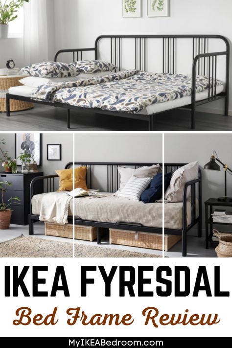 IKEA Fyresdal Bed Frame Review: IKEA Fyresdal bed frame is a great bedding solution for a guest room or a teen’s room with less space. Its solid steel structure makes it sturdy and durable, meaning your frame will last long and do its job properly. It can be used as a single or a double bed, depending on how you need it to be. Metal Daybed Ikea, Daybed For Guest Room, Ikea Pullout Bed, Guest Bed Solutions, Ikea Iron Bed, Guest Room With Daybed Ideas, Ikea Day Beds, Ikea Daybed Room Ideas Small Spaces, Ikea Fyresdal Daybed