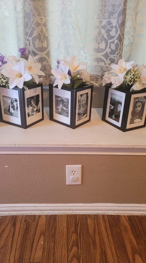 Picture Frame Vase Diy, Last Minute Mothers Day Gifts, Memorial Service Decorations, Picture Centerpieces, Photo Centerpieces, Crafts Dollar Tree, Graduation Party Diy, Frame Flower, Dollar Tree Hacks